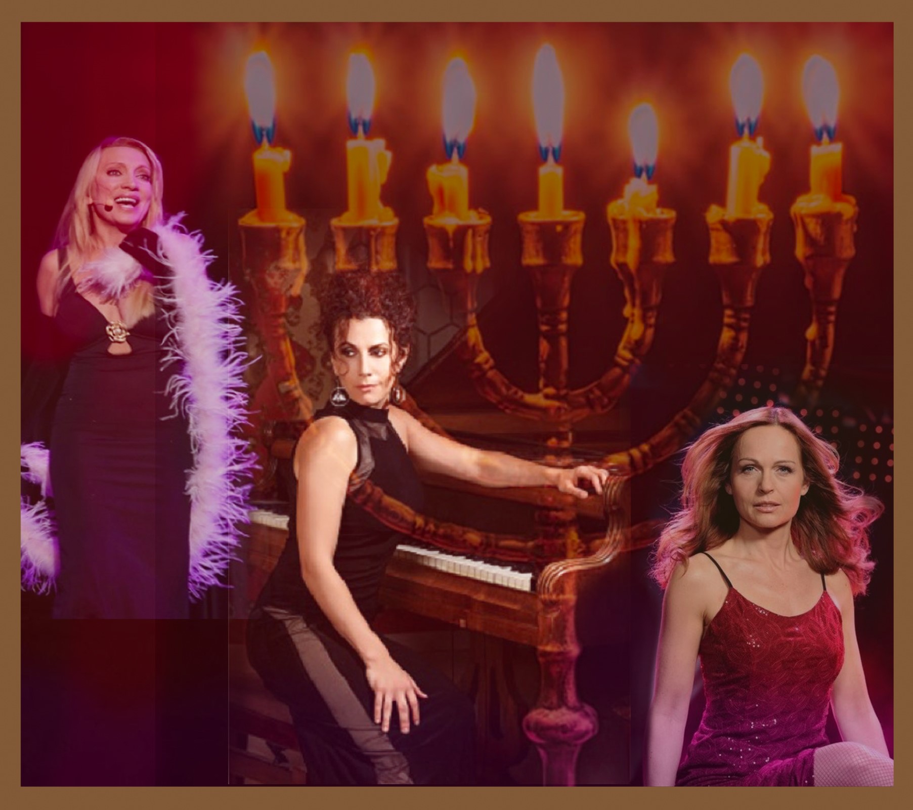 Eine Fotocollage, links eine Dame im Abendkleid mit Federboa, in der Mitte eine Dame am Klavier, rechts Porträt einer weiteren Dame. Im Hintergrund sieht man einen siebenarmigen jüdischen Kerzenleuchter.