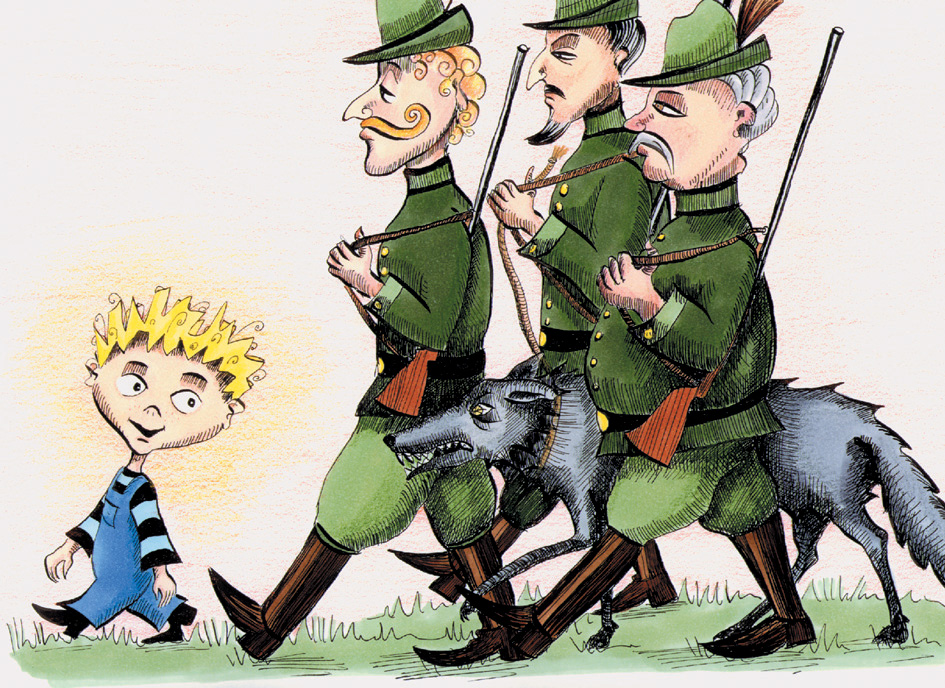 Eine Zeichnung zeigt Peter, hinter ihm laufen drei Jäger und der Wolf.
