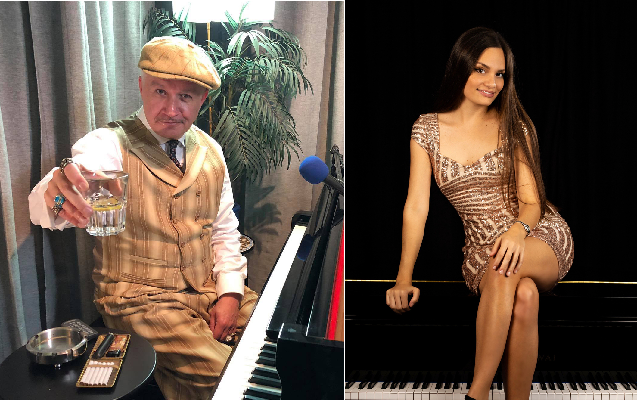 Two photographs are shown side by side. On the left-hand side, Christian Christl can be seen wearing a waistcoat and peaked cap, sitting at the piano and toasting the camera with a glass in his hand. On the right-hand side you can see pianist Vanessa Gnägi sitting on a piano in a cocktail dress.