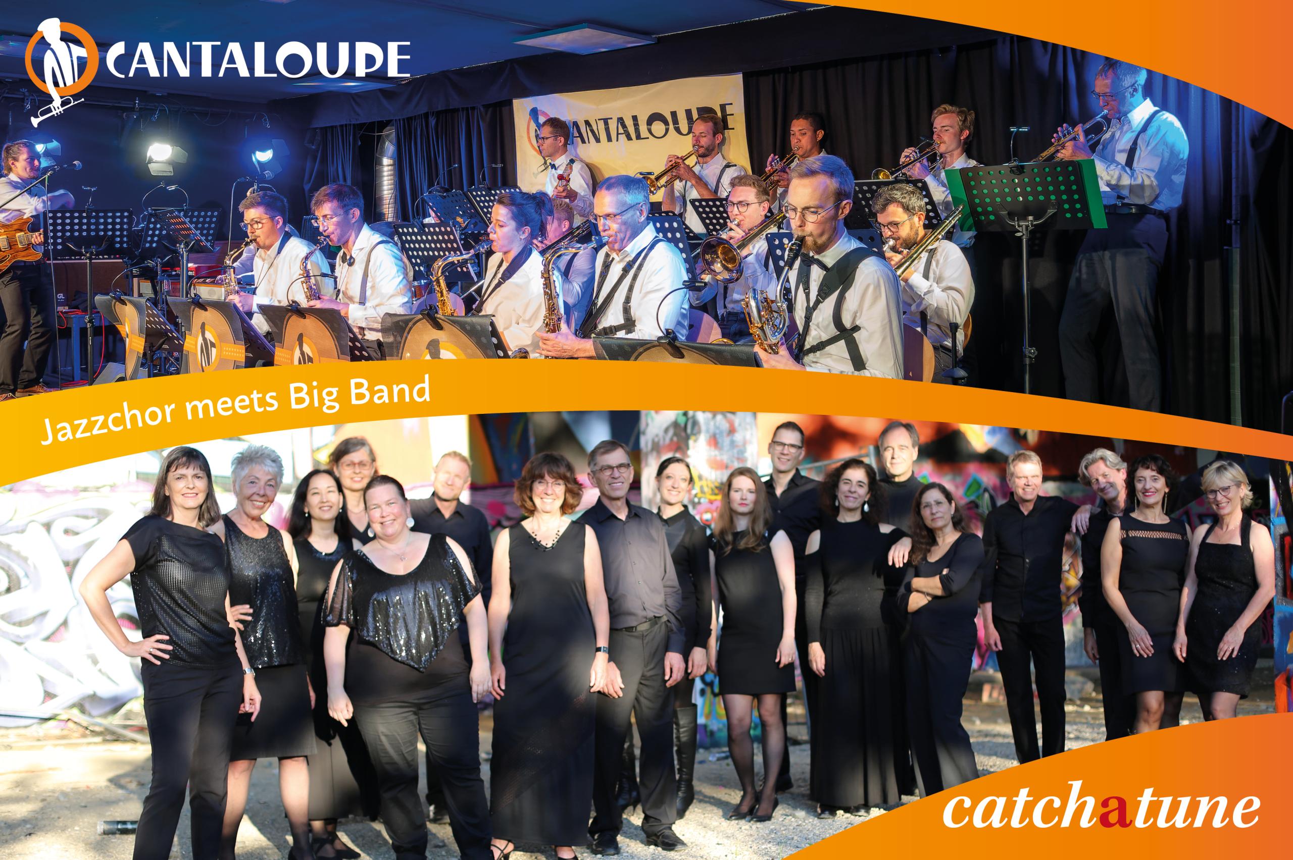 Compilation of two photos. Once a picture of the big band Cantaloupe during a performance and once a group photo of the jazz choir catchatune