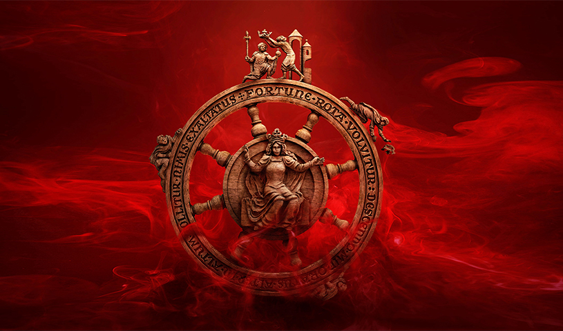 Symbol image against blood red background: The wheel of fortune
