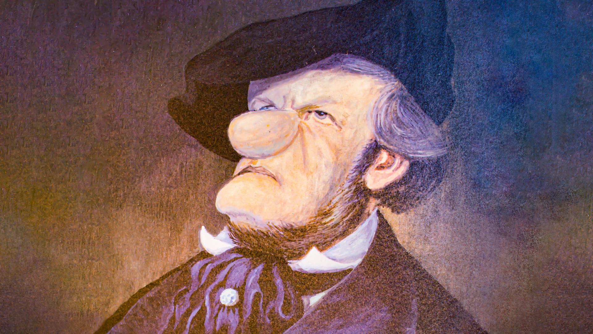 Richard Wagner ist im Stil von Loriots Figuren auf einem Porträt abgebildet, das wie ein Ölgemälde gestaltet ist.