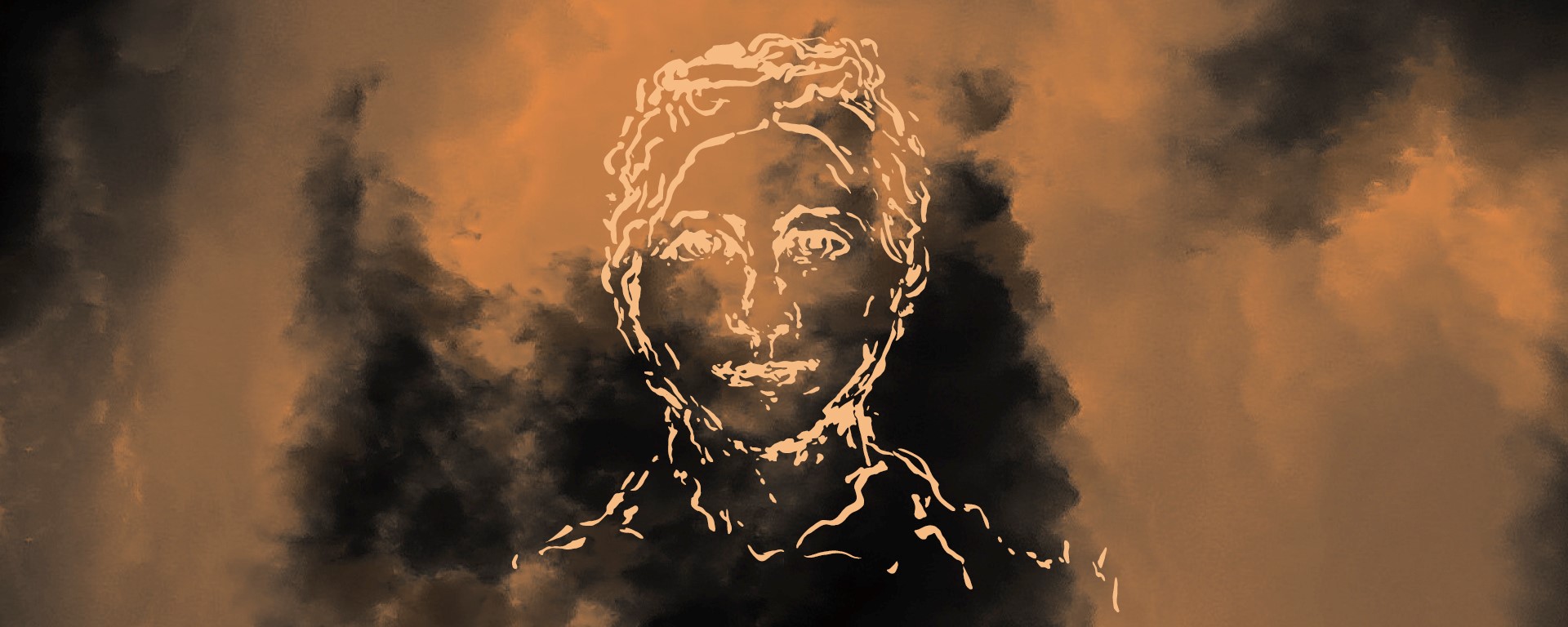 Gezeichnetes Porträt eines Mannes, der Hintergrund ist wolkig