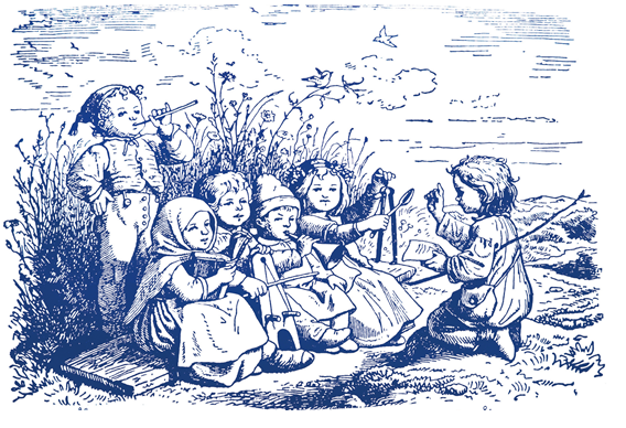 Eine Zeichnung zeigt mehrere Kinder, die zusammen auf einer Wiese musizieren.