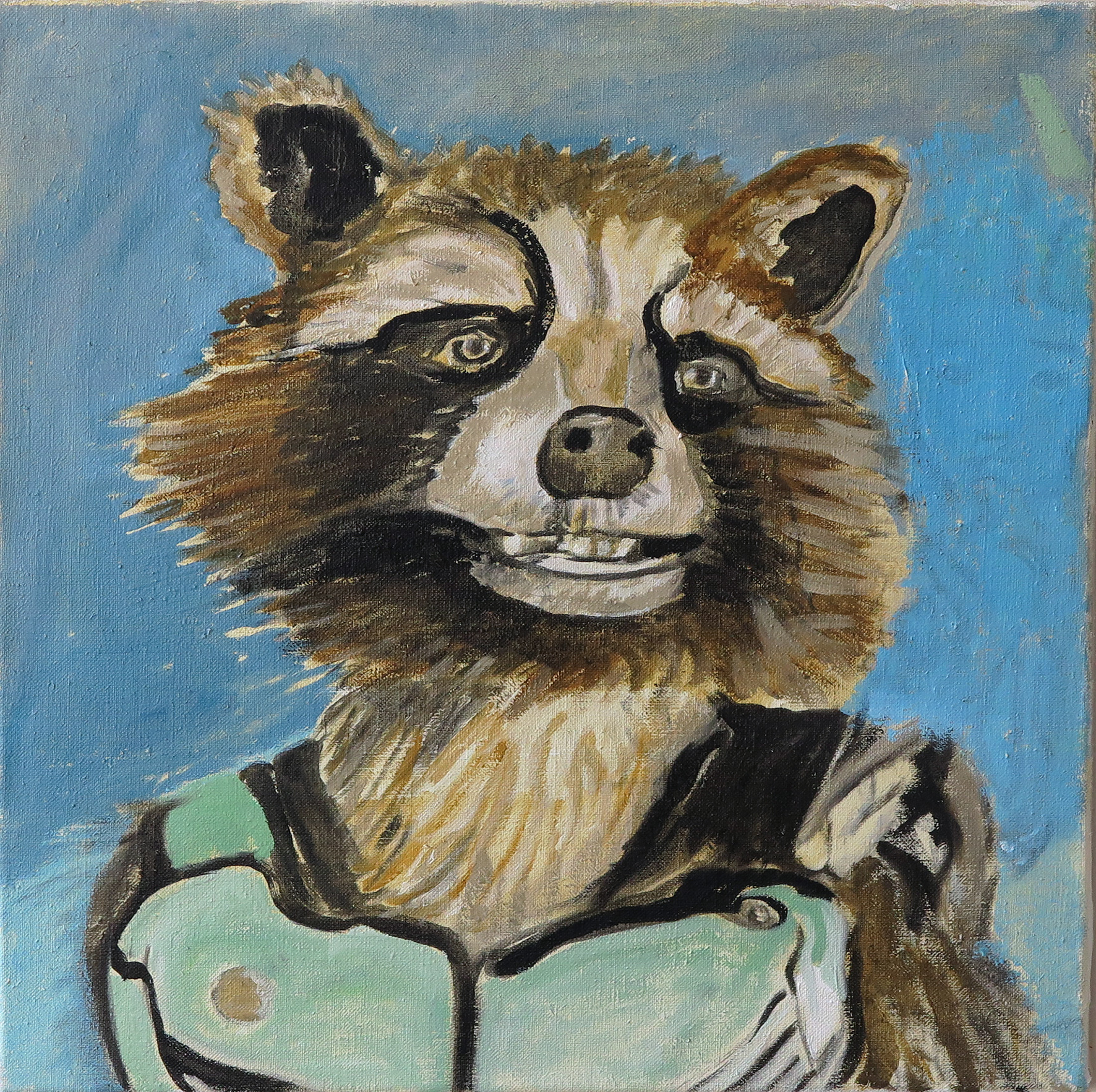 You can see a painted picture of a raccoon wearing a light green doublet.