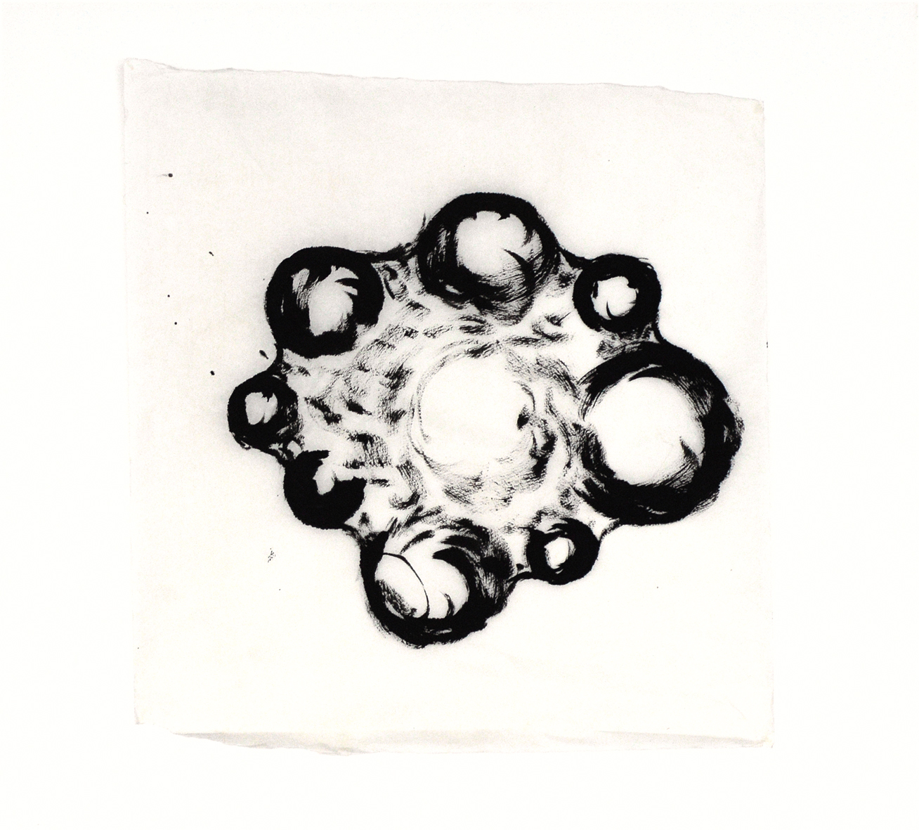 Eine schwarz-weiß Zeichnung des Künstlers Martin Schneider, die aussieht wie mehrere Blasen, die sich verbinden.