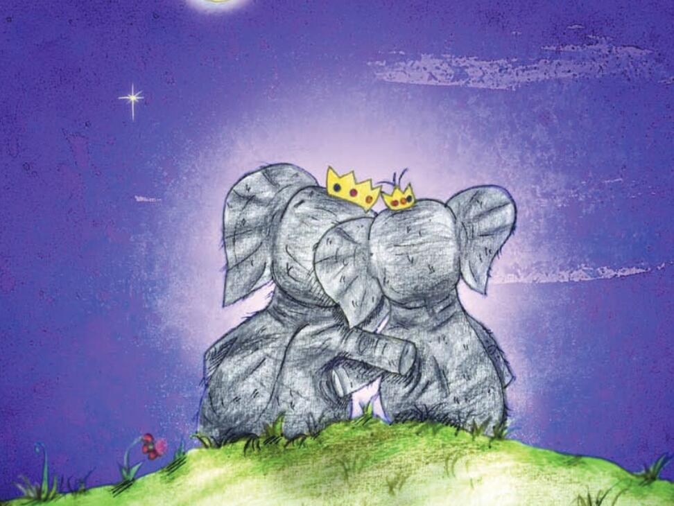 Eine Illustration von zwei Elefanten, die sich in den Armen halten und in  den Nachthimmel emporschauen.