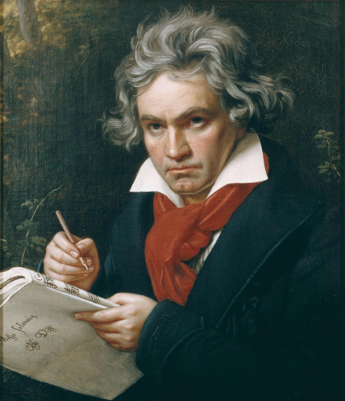 Portrait painting of the composer Ludwig van Beethoven. He is wearing a dark coat and a red scarf. He looks thoughtful, holding a pencil and a music book in his hands.