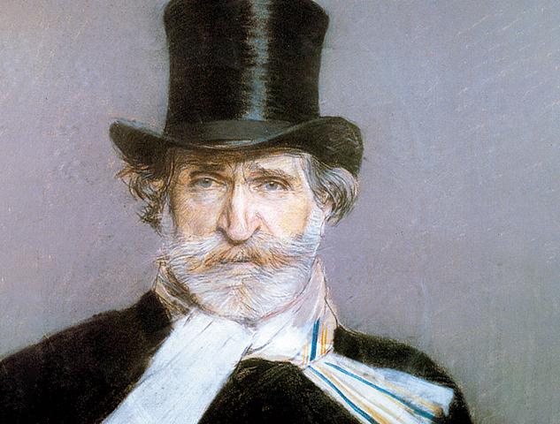 Komponist Giuseppe Verdi mit schwarzem Zylinder