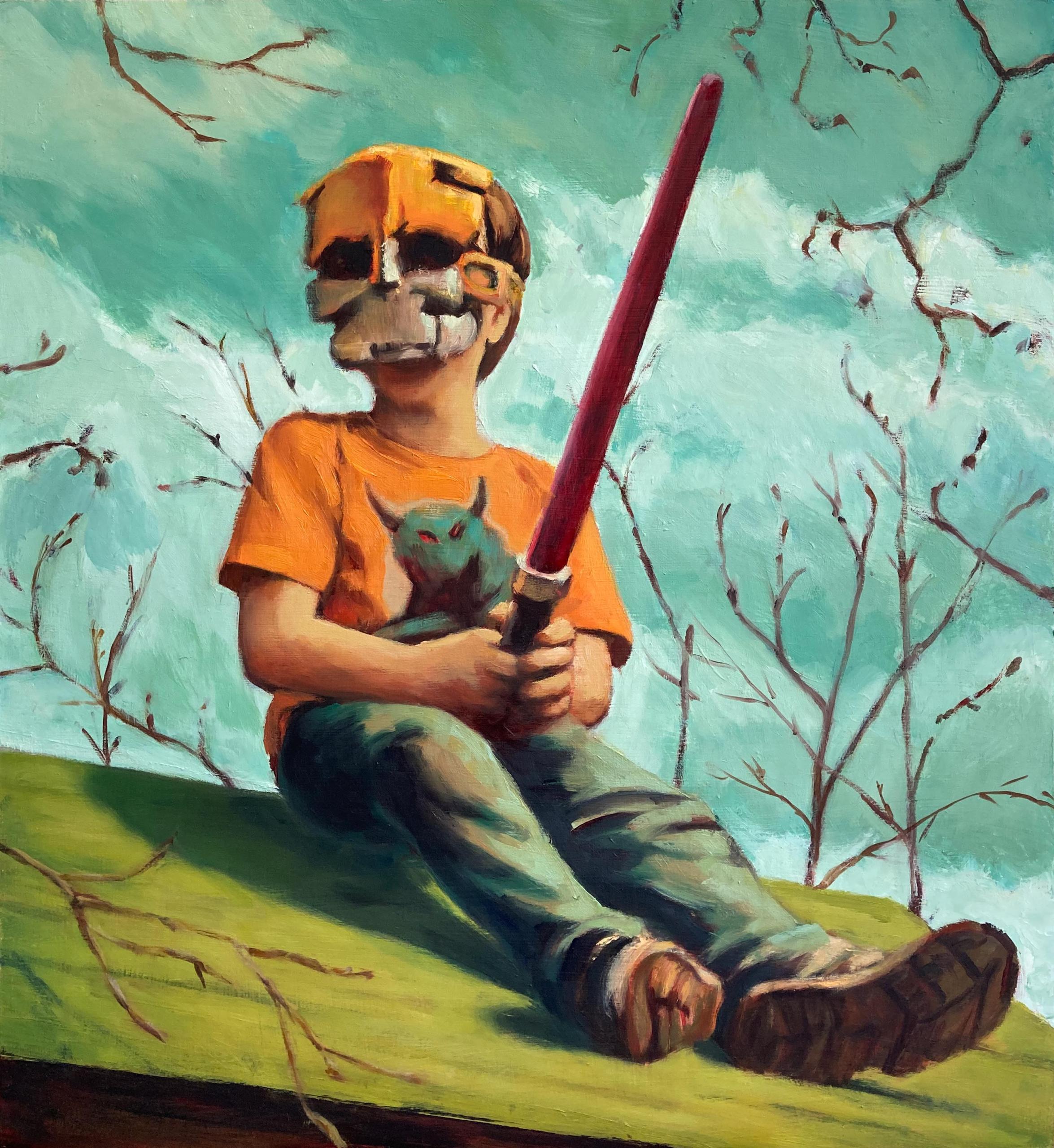 Ein Gemälde des Künstlers Benjy Barnhart, auf dem ein kleienr Junge mit Tigermaske auf einem Hausdach sitzt und ein Laserschwert in der Hand hält.