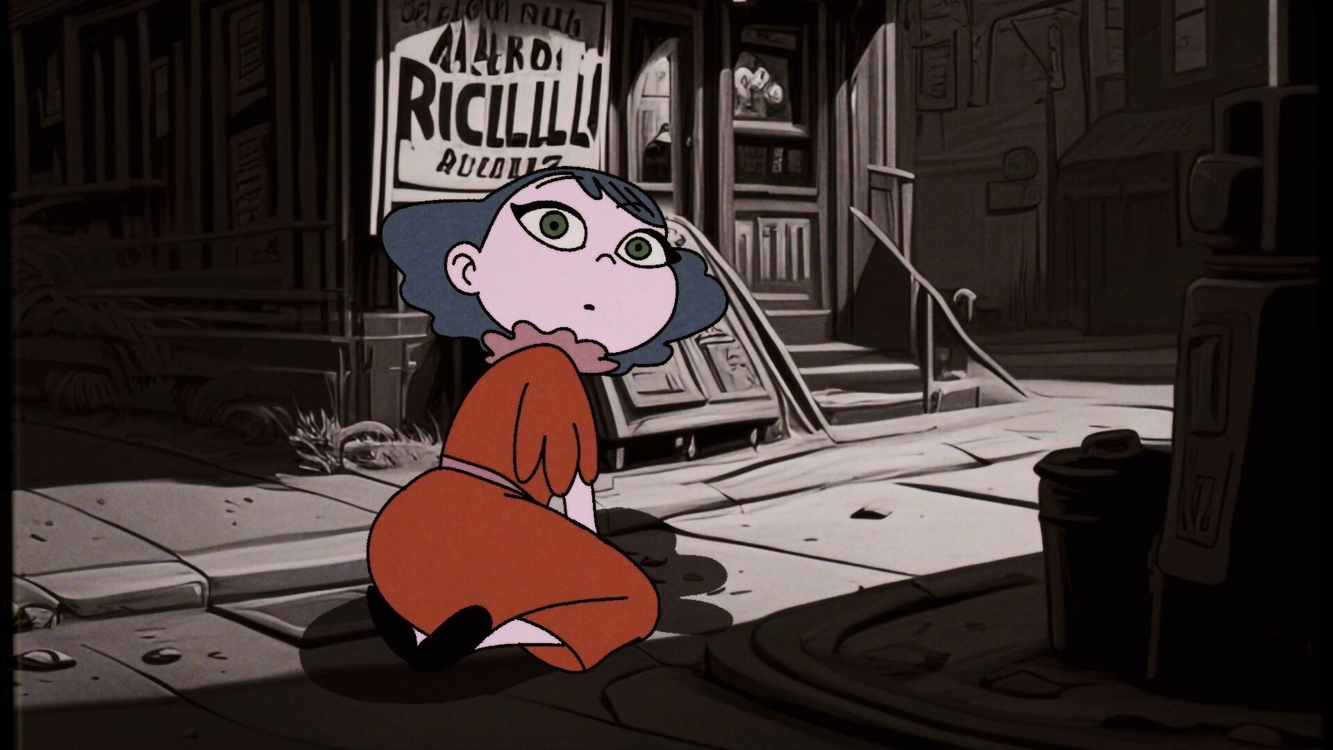 An animation of a woman in a red dress squatting on the ground. In the background you can see a dark, deserted alley.