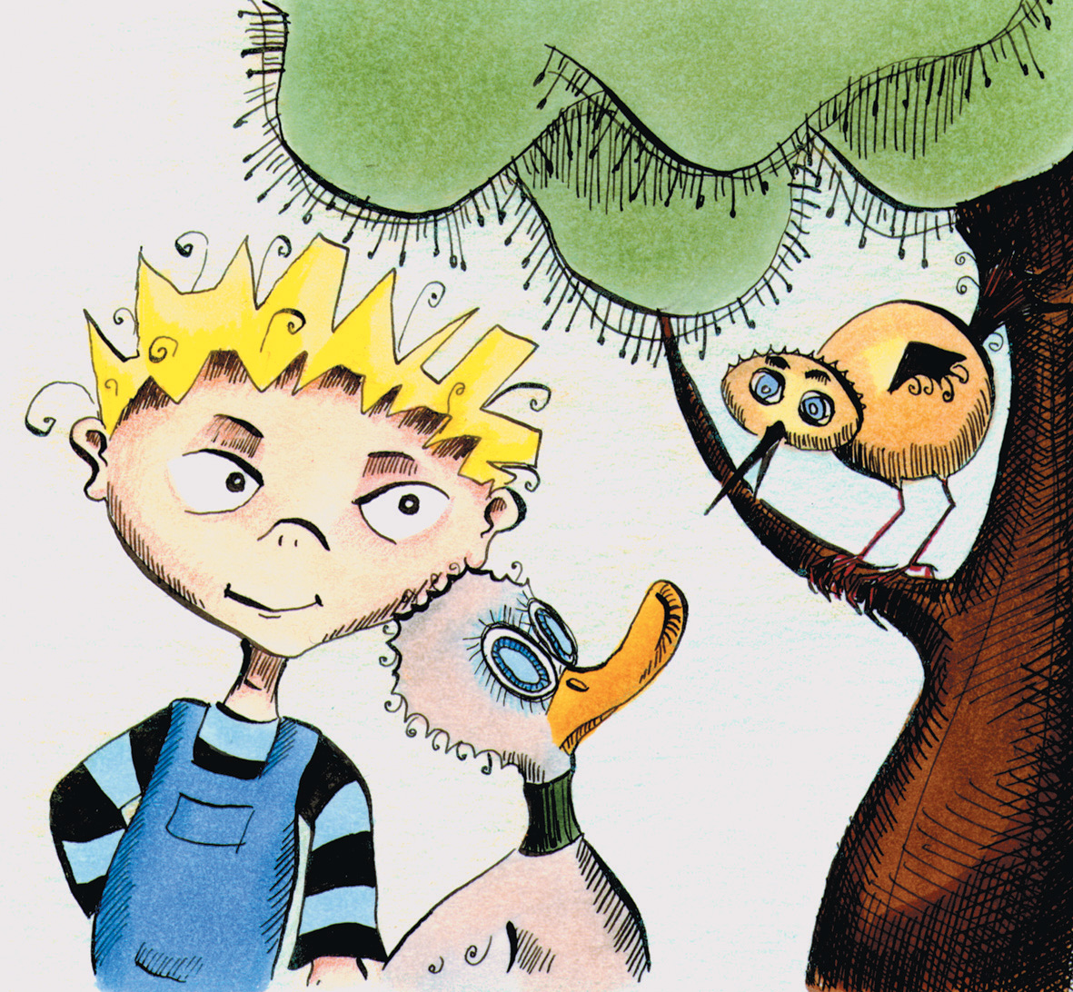 Eine Illustration von Peter, einer Gans und einem Vogel. Peter hat blonde Haare, trägt eine blaue Latzhose und ein gestreiftes Oberteil. Neben ihm steht eine Gans, die zu einem Vogel schaut, der auf einem Baum sitzt.