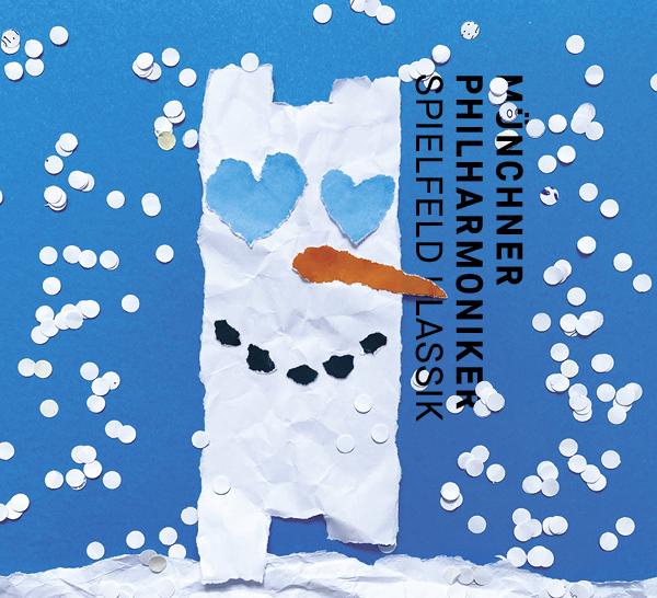The graphic shows a snowman and snowflakes made of paper scraps against a blue background.