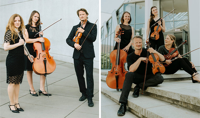 You can see two pictures next to each other. On the left side are the three members of the Impression ensemble. On the right side are the members of the Ignatius Quartet. They are all wearing black concert clothes and holding their instruments in their hands.