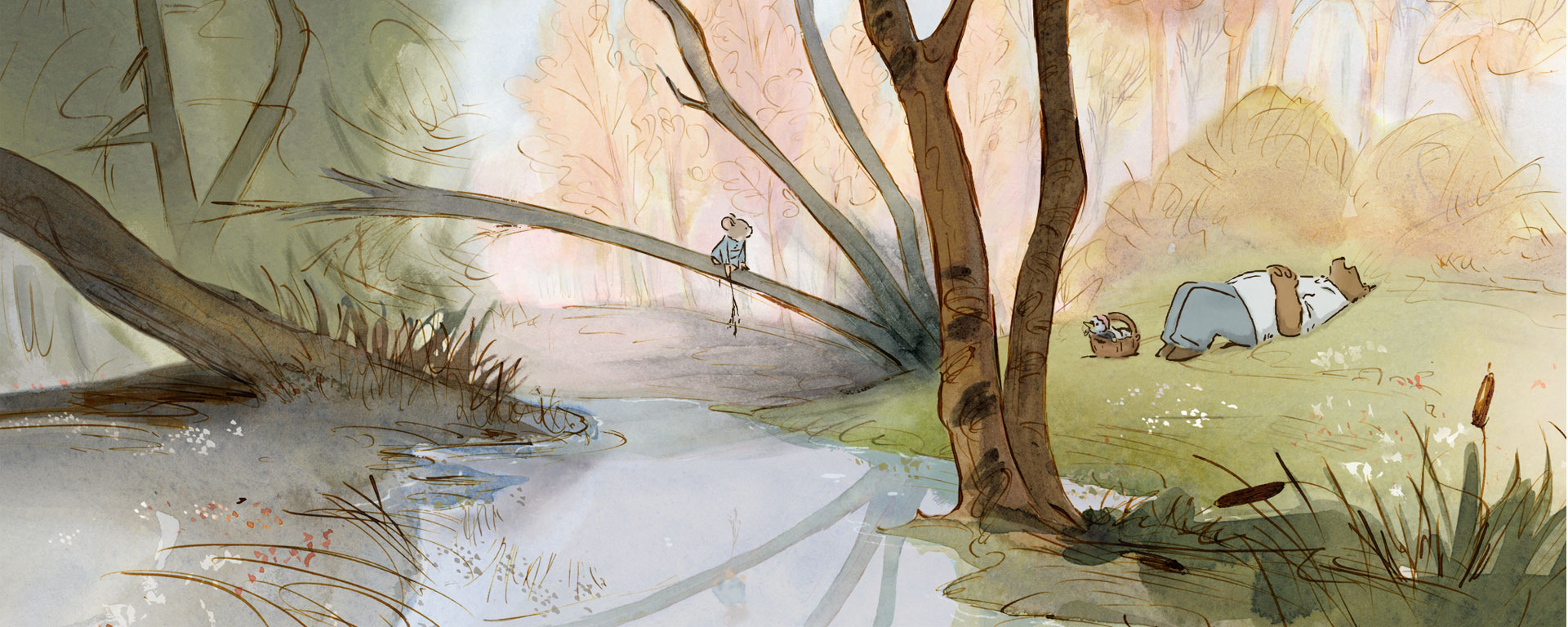 Ein Zeichentrickbild, auf dem eine Maus und ein schlafender Bär an einem Flussufer zu sehen sind.