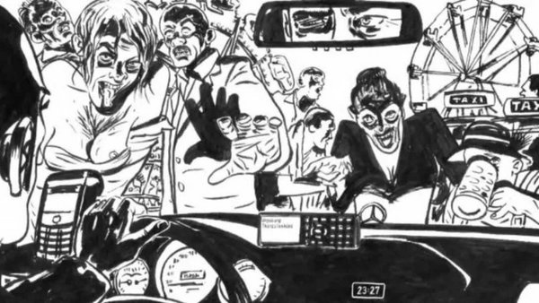 Ein Comic-Wimmelbild in schwarzweiß, das den Blick eine Taxifahrers durch die Windschutzscheibe auf der Chaos des Oktoberfests zeigt.