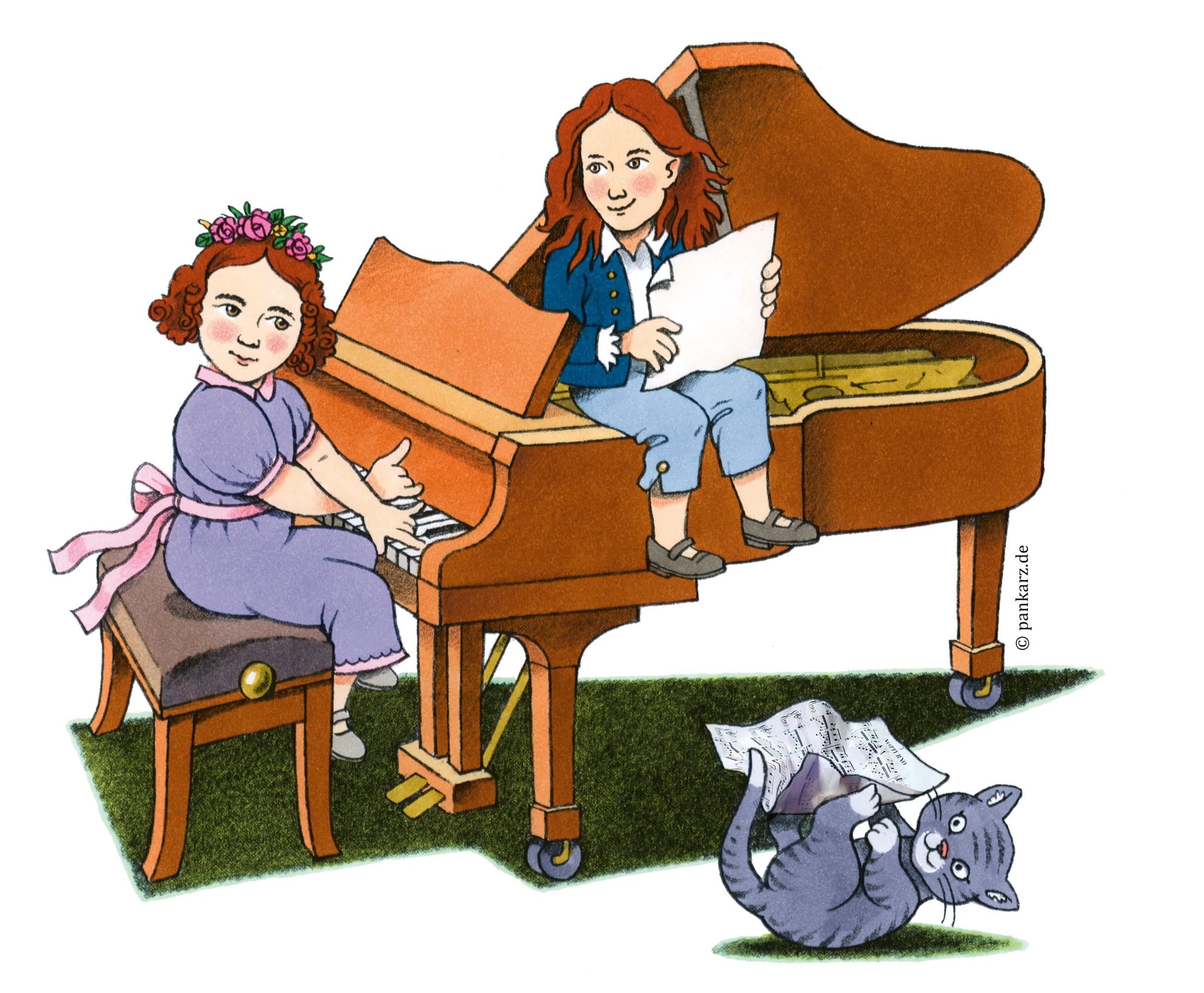 Die bunte Zeichnung zeigt zwei Kinder, die an einem Flügel musizieren.