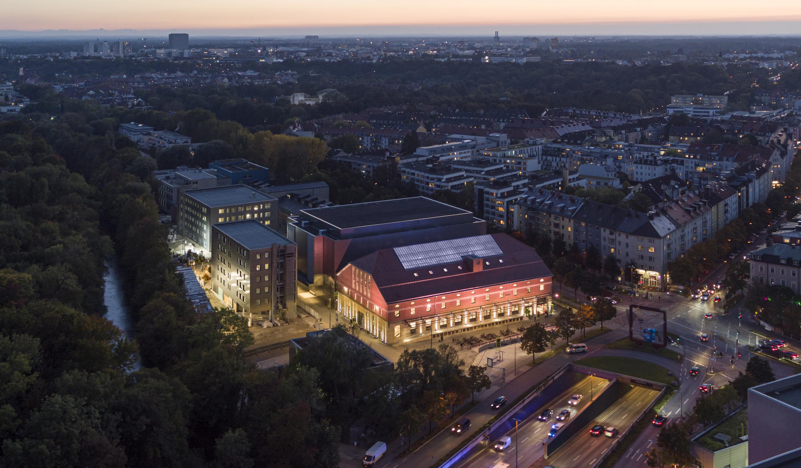 Aerial view of the Gasteig HP8 at dusk