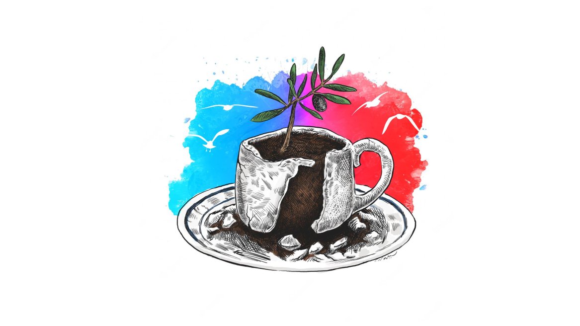 Illustration einer zerbrochenen Kaffeetasse, sie ist mir Erde gefüllt, heraus wächst ein Olivenzweig