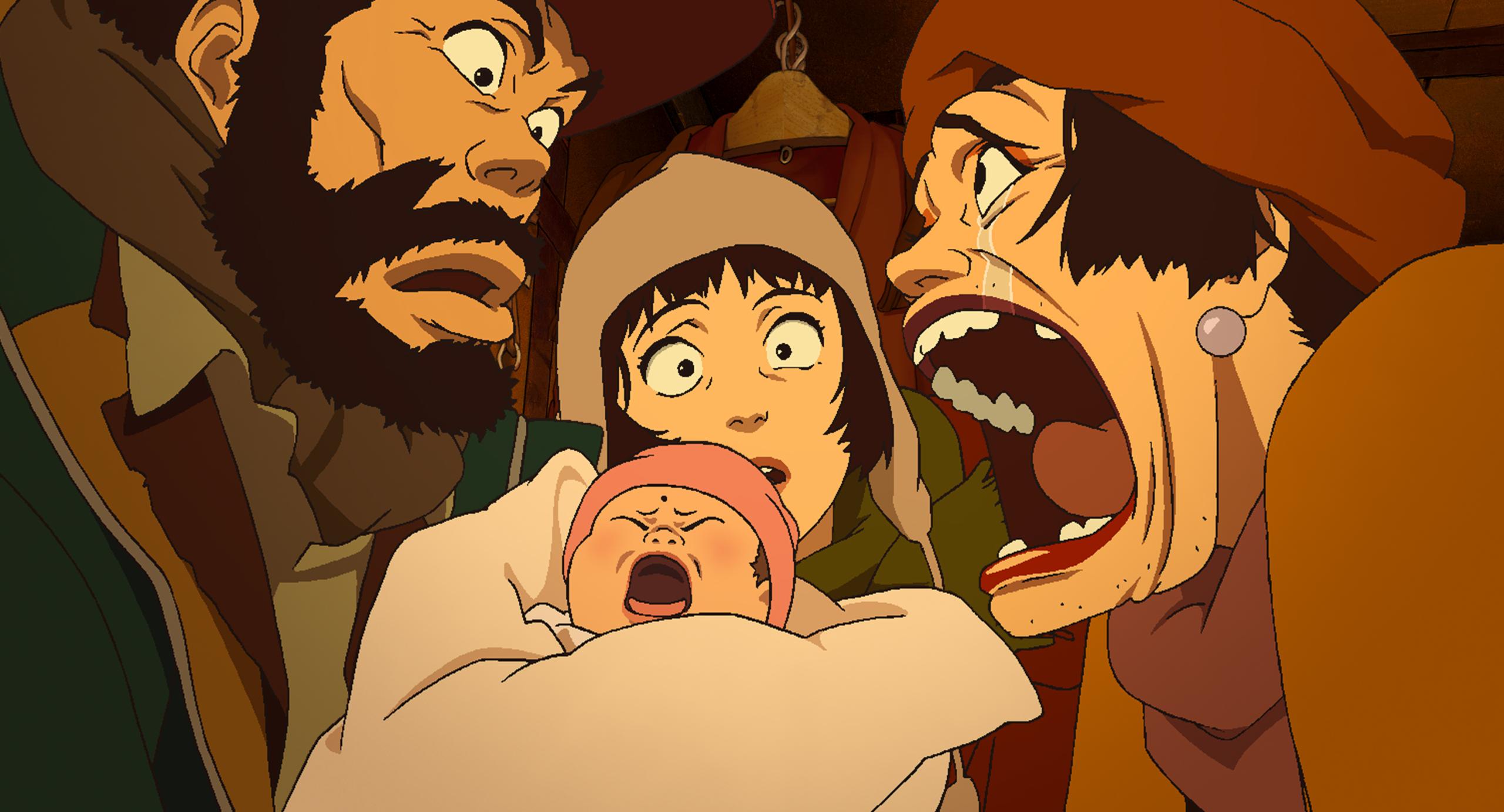 Eine Illustration in Manga-Tradition. Eine weinende Frau und ein Mann schauen sich erschrocken an. Im Hintergrund steht eine jüngere Frau mit einem schreienden Baby auf dem Arm. 