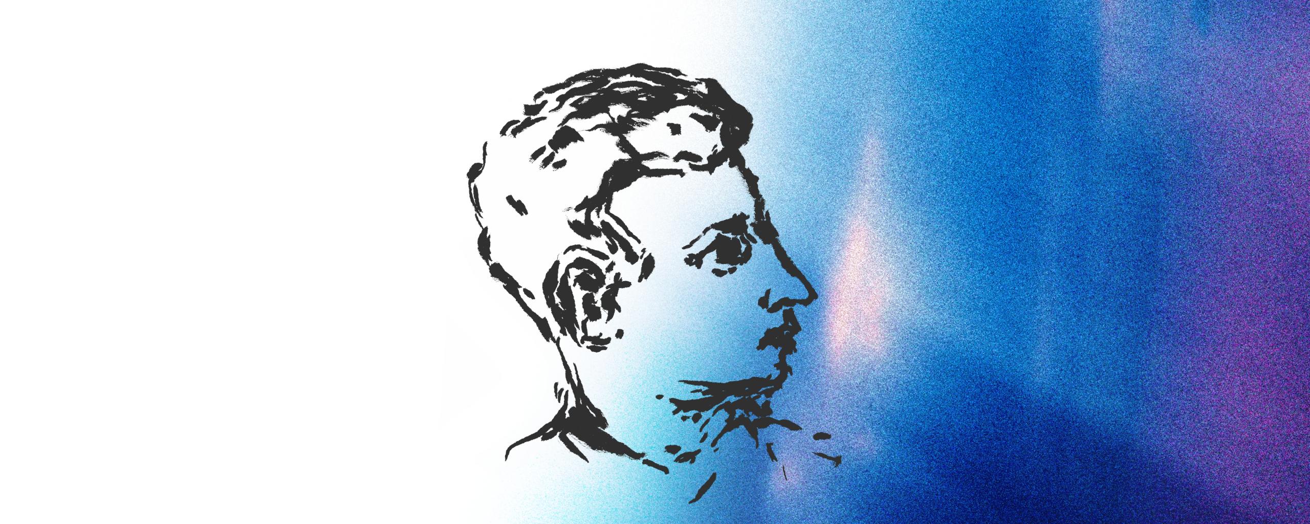 Auf einem blauweißem Hintergrund in Ombré-Optik ist mit schwarzer Tusche ein Mann im Seitenprofil gezeichnet.