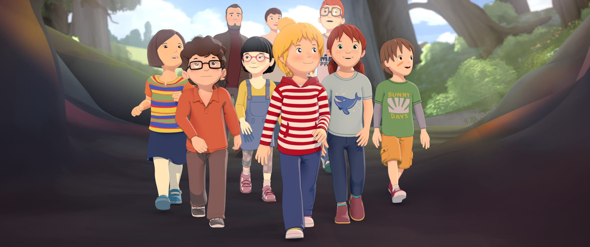 Eine Animation von einer Gruppe Kinder, die durch einen Wald läuft. Hinter ihnen gehen drei Erwachsene. Alle schauen staunend um sich.