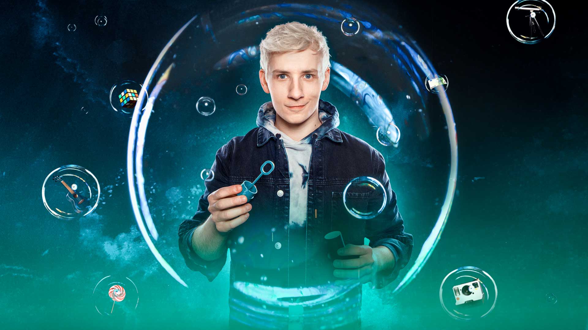A young man surrounded by soap bubbles
