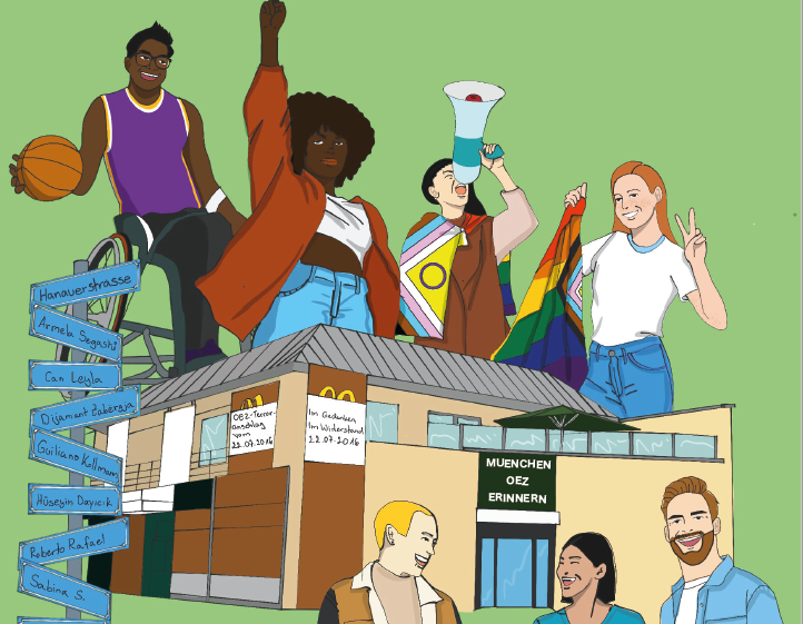 An illustration with young people of different skin color, partly in wheelchairs and with rainbow flag. You can also see a building with the lettering "Munich OEZ remember". On the left a tree of signs with the names of the victims.