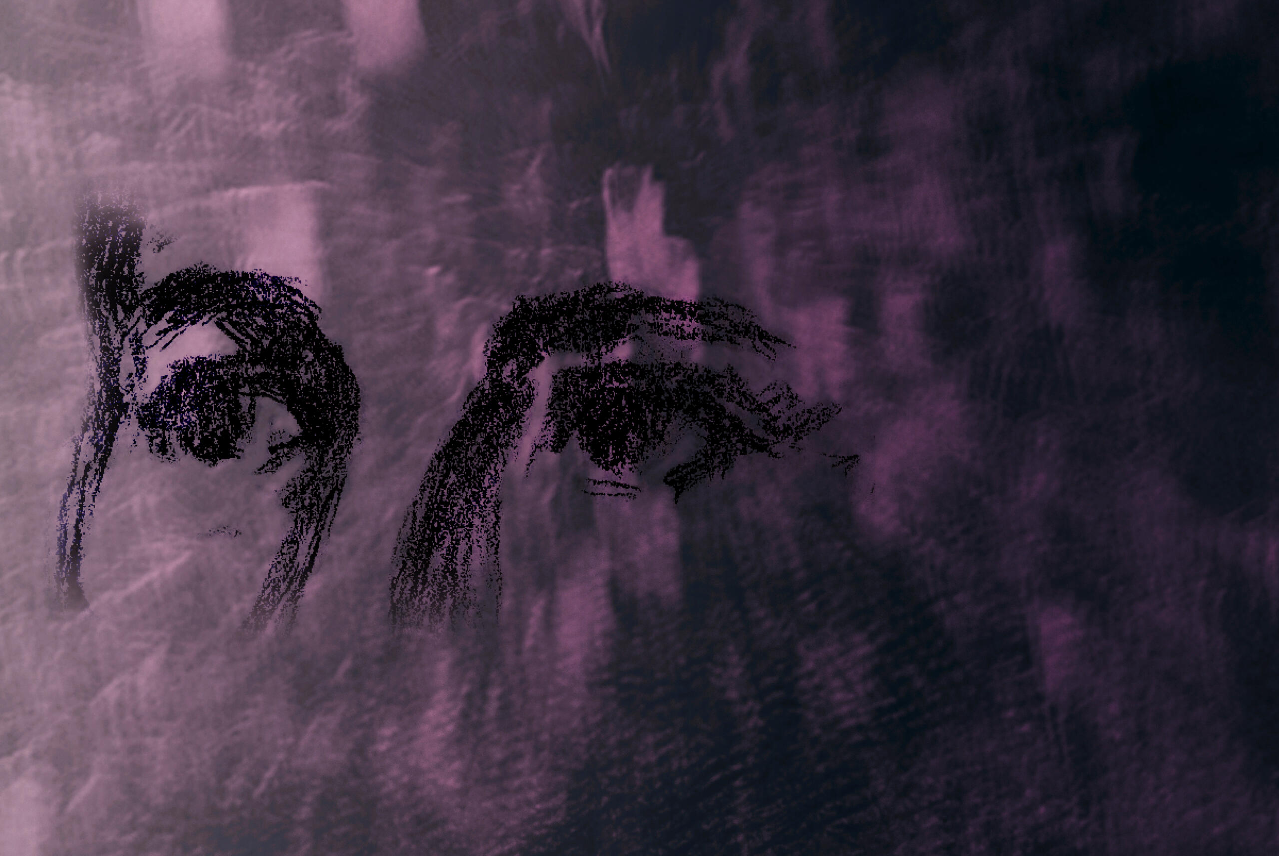 Ein lila, schwarz melierter Hintergrund. Davor ein gemaltes Augenpaar.