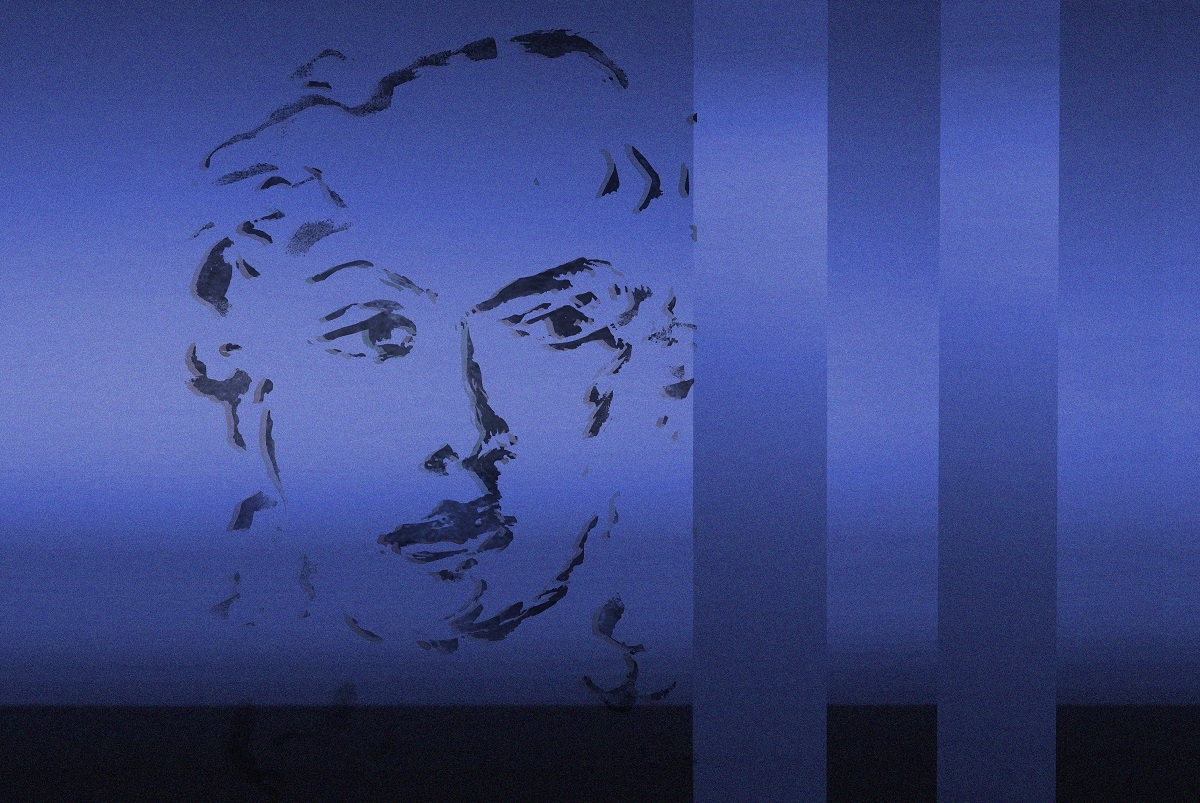 Ein gezeichnetes Porträt von Rainer Maria Rilke vor blauem Hintergrund.