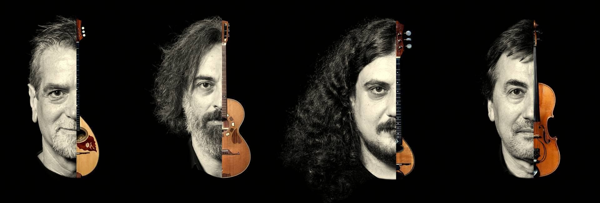 Portraits of four musicians. You can see only the face against a black background. Half of the face is covered by the respective instrument.