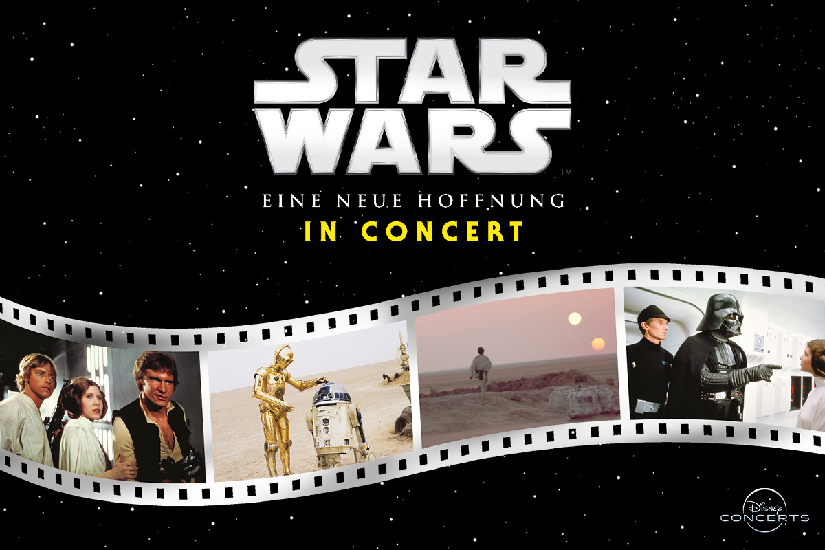 Der Schriftzug des 4. Films der Star Wars-Serie vor einem schwarzen Hintergrund mit weißen Sternen. Darunter sind in einer abgerollten Filmrolle einzelne Bilder aus dem Film zu sehen.