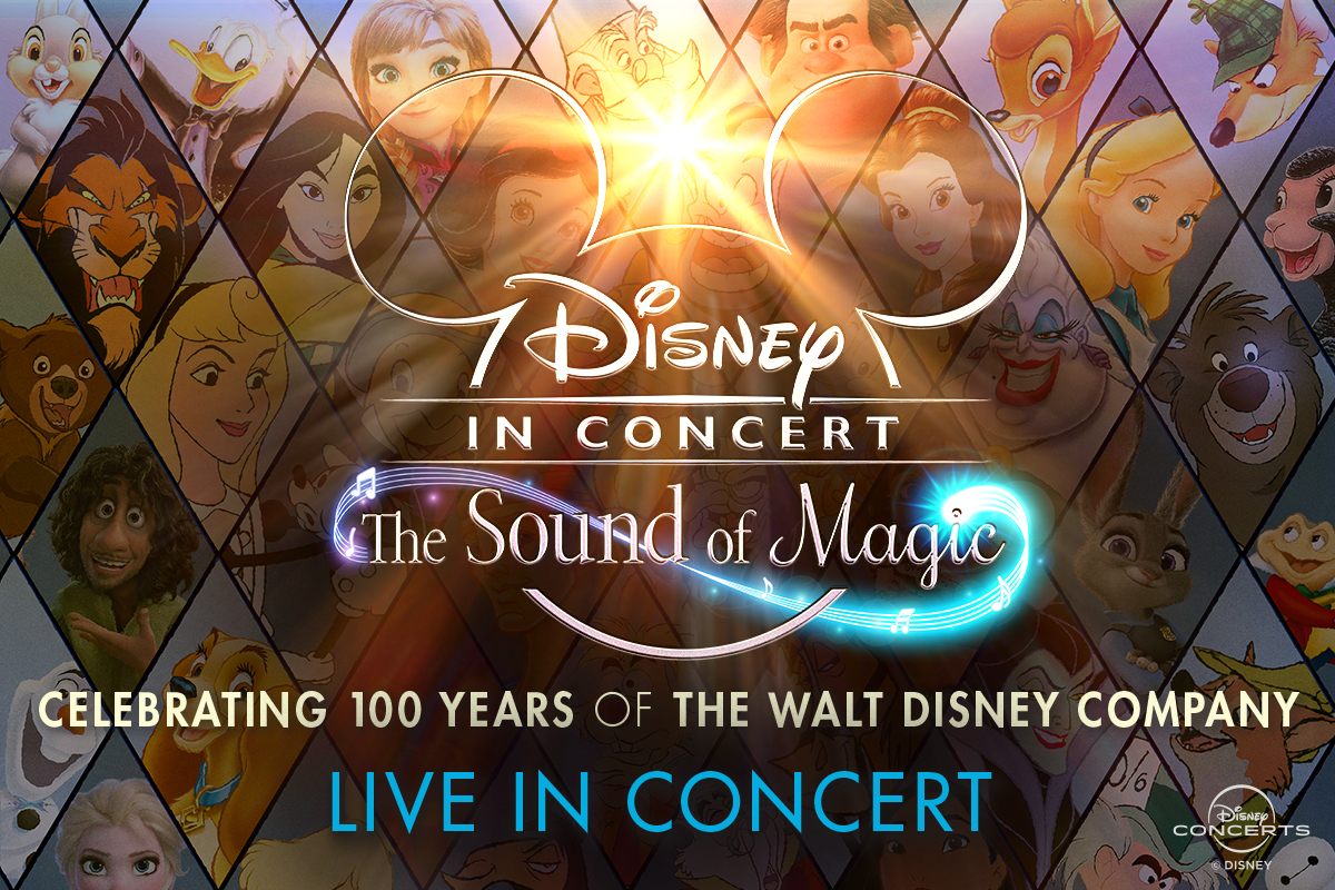 Im Hintergrund sieht man Kacheln, in denen jeweils ein großer Disney Charakter abgebildet ist. Davor ist der Schriftzug der Veranstaltung zu sehen, der sich in Leuchtschrift durch die Umrisse einer Disney Maus zieht.