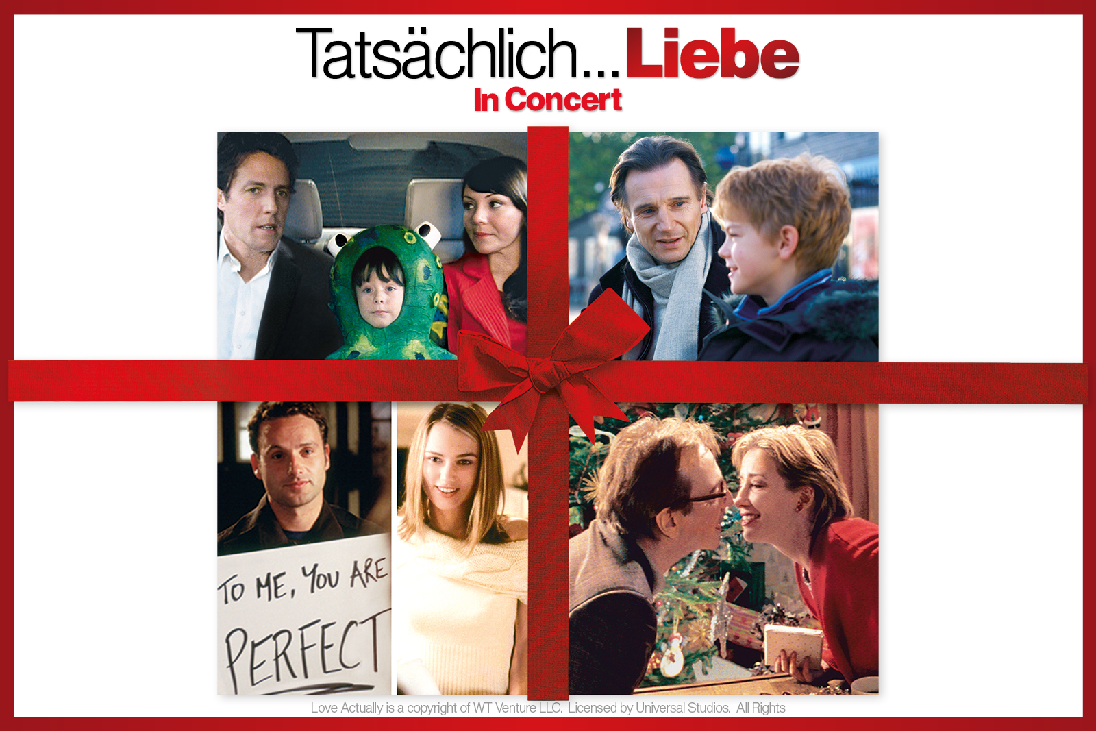 Pictured is the cover of "Love Actually": four images from the film and a red ribbon in between. 