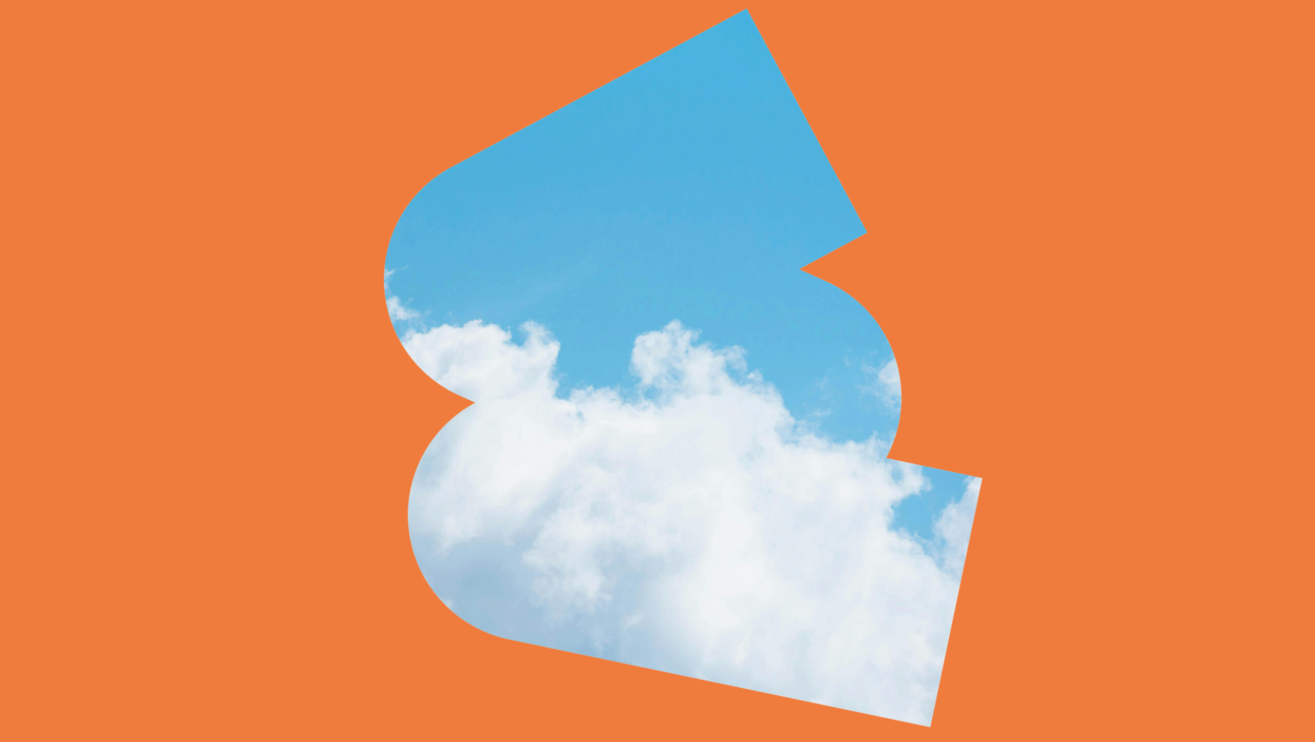 Eine orangene Fläche, in der Mitte gibt es eine ausgesparte Form, hinter der man einen blauen Himmel mit Wolken sieht.