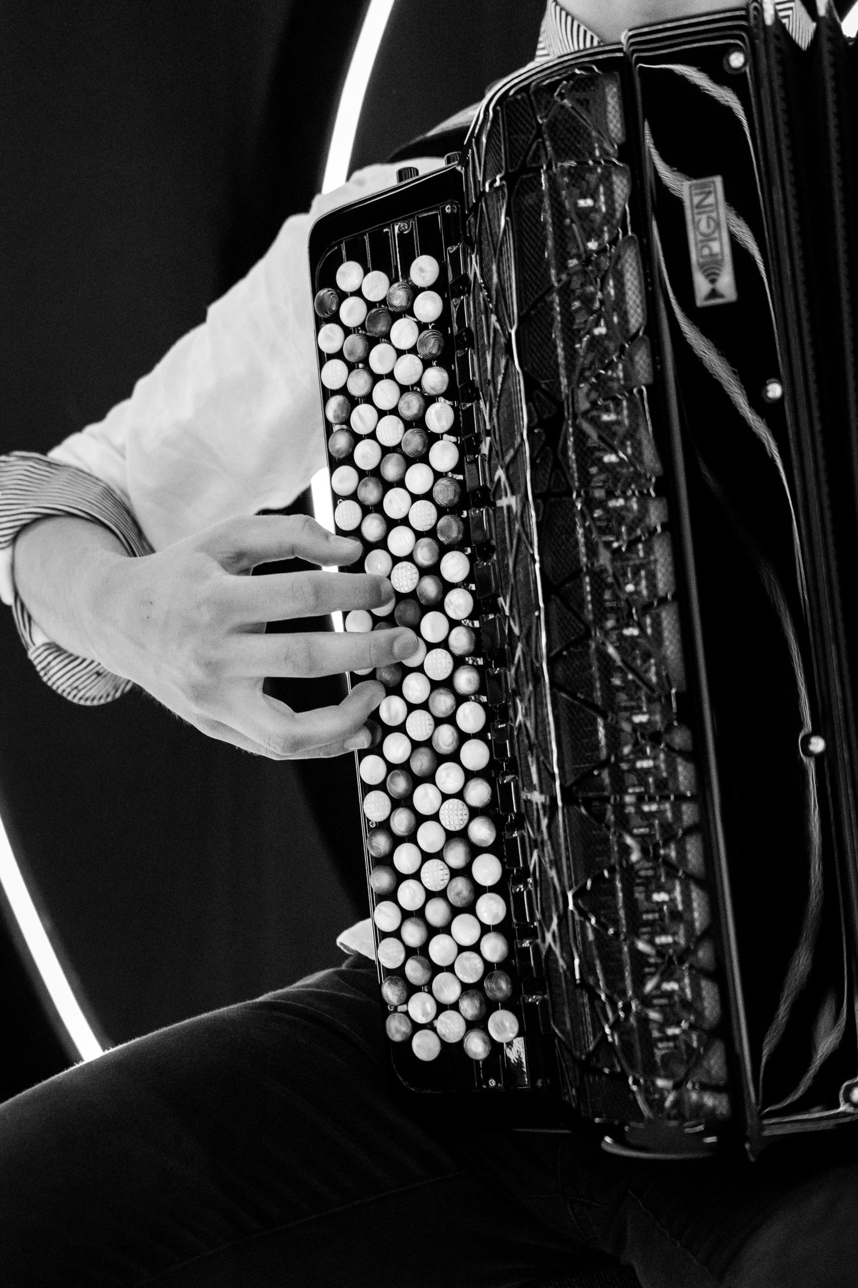 An accordion or harmonica, you can see a hand operating the keys.