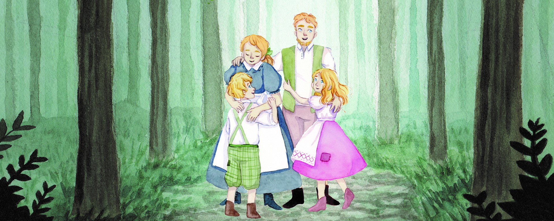 Eine Illustration von Gretel, Hänsel und ihren Eltern. Die Familie steht in einem nebeligen Wald. Die Kinder umarmen ihre Eltern freudestrahlend.