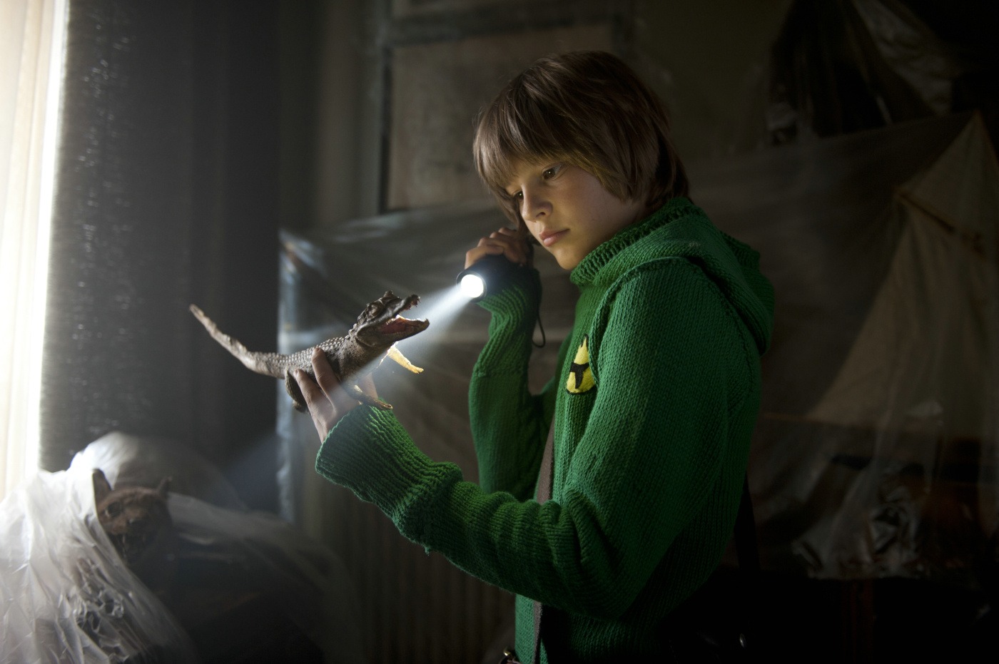 Ein Junge in einem grünen Pullover steht in einem dunklen Zimmer und leuchtet mit einer Taschenlampe auf ein kleines Krokodil in seiner Hand.