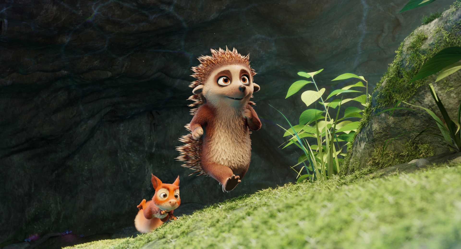 Animation von einem Igel und einem Eichhörnchen, die einen Berghang hochrennen.